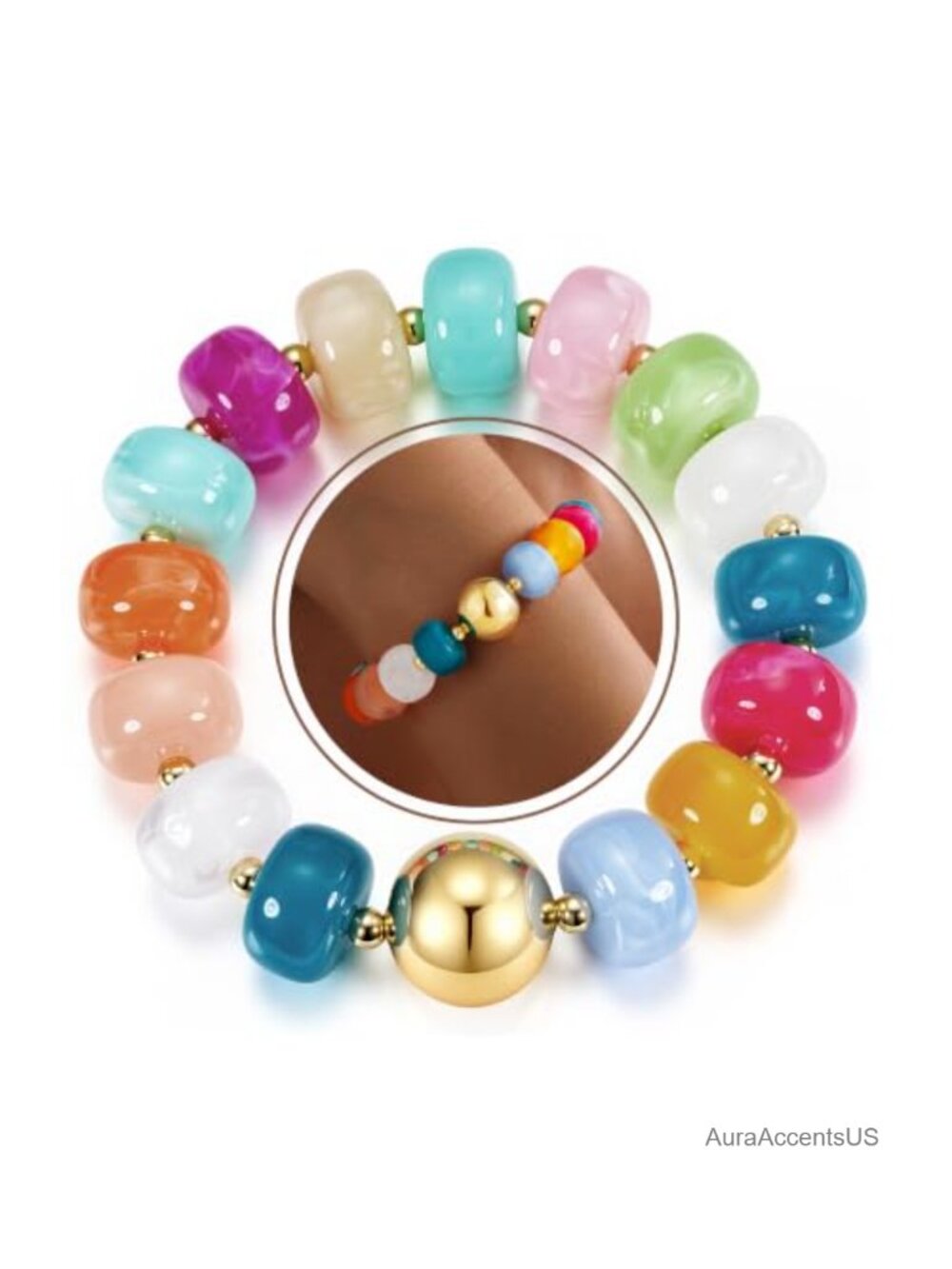 14K Gold Plated Chunky Resin Beaded Stretch Bracelet Women